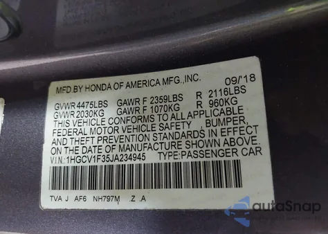 2018 Honda Accord Sport из США, поврежденный, VIN 1HGCV1F35JA234945